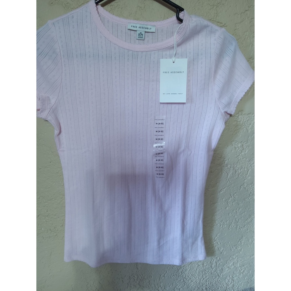 Free Assembly Womens Light Pink Pointelle Short Sleeve Crew Neck Top Size M 8-10